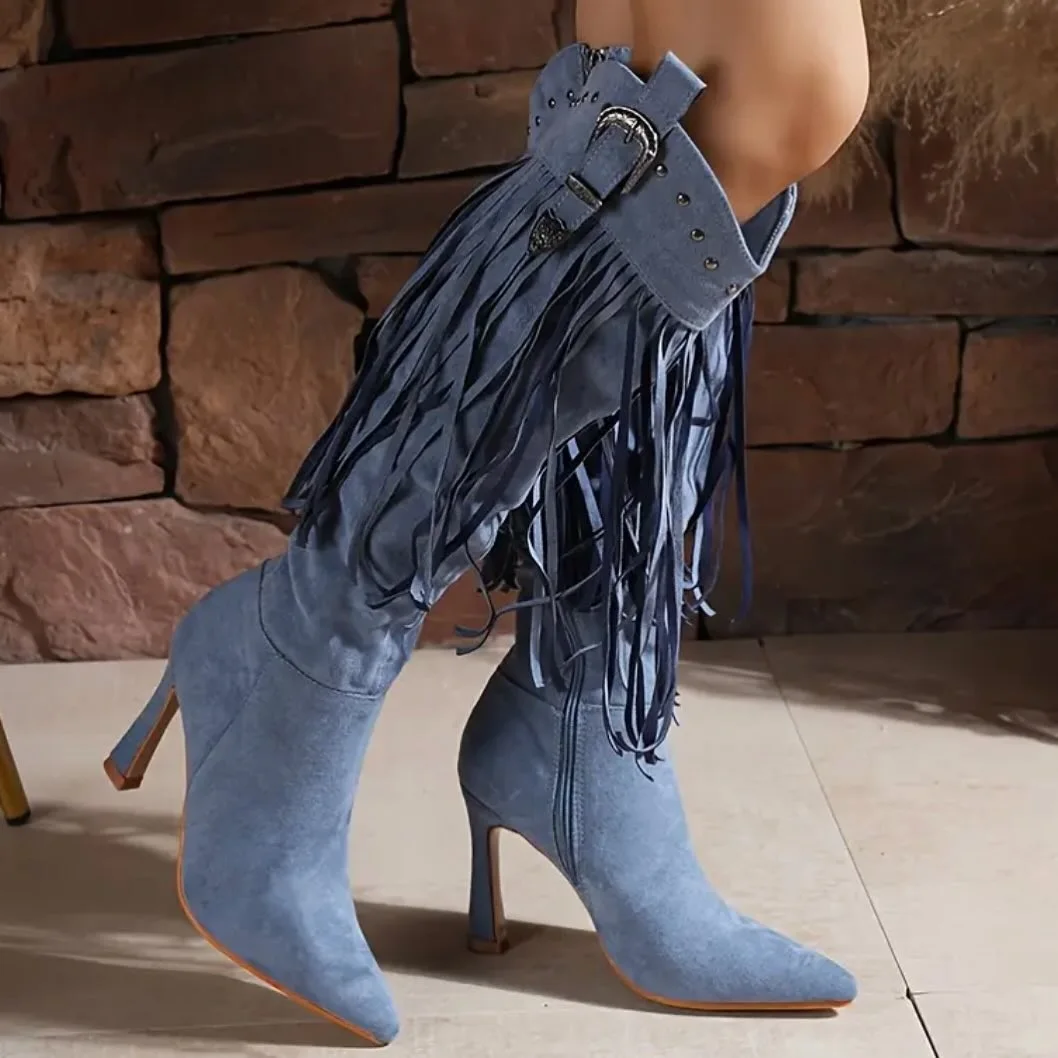 

Sexy Blue Suede Tassels Knee High Thin Heel Boots Pointed Toe Slim Stiletto Heel Fringes Long Boots Party Pumps Big Size 44