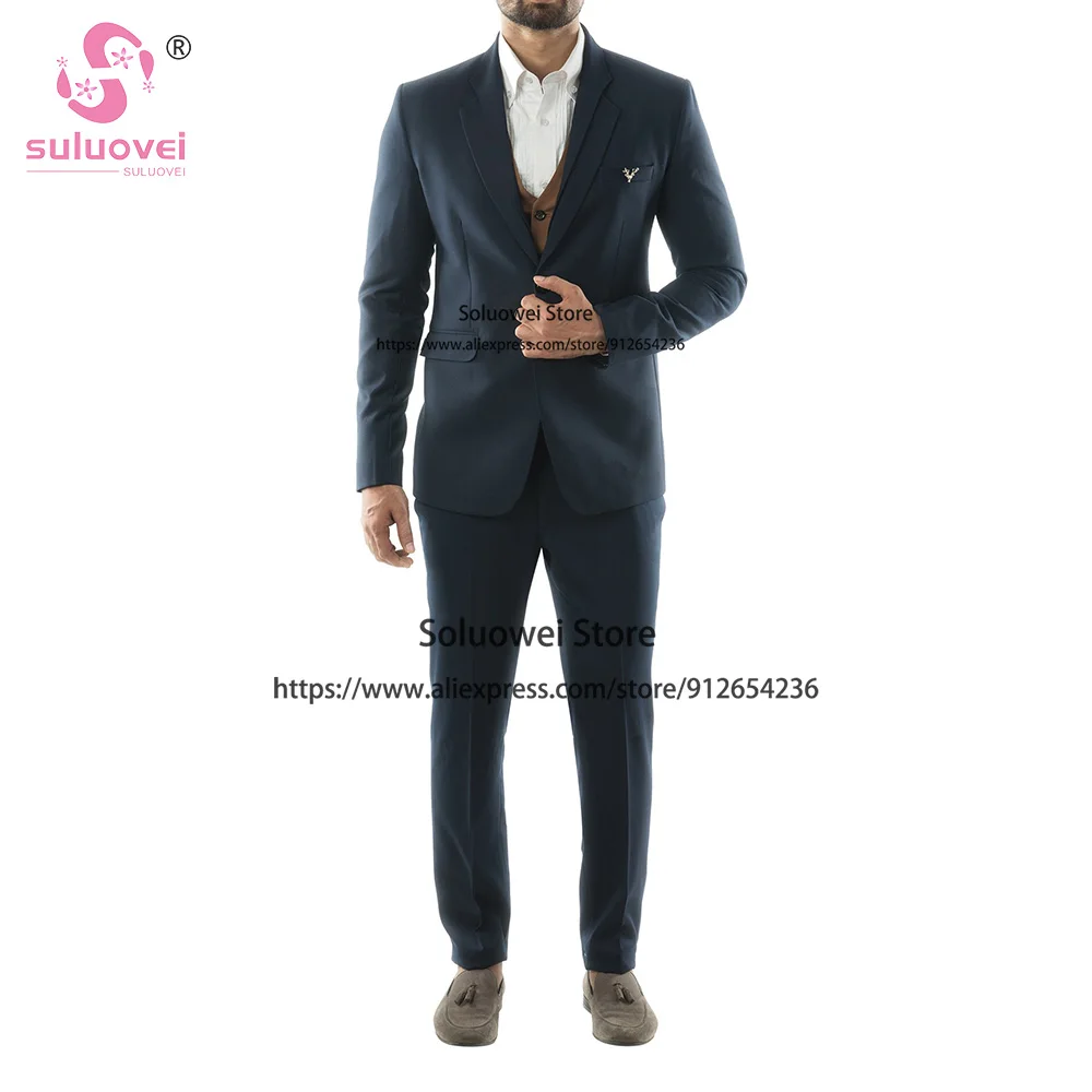 Clássico azul marinho fino ajuste ternos para homens elegante 3 peça jaqueta colete e calças conjunto formal noivo casamento smoking vestidos de novia