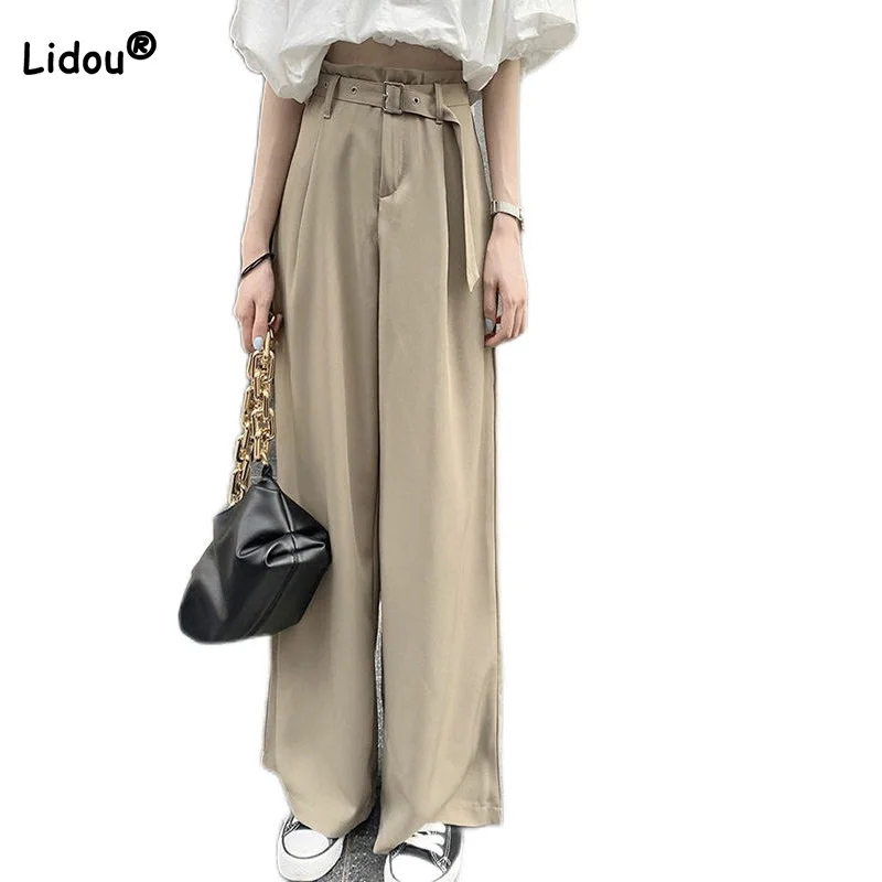 

2022 Spring Autumn New All-match Drape Sashes Straight Pants Casual Solid Color Loose High Waist Mopping Wide Leg Trousers Women