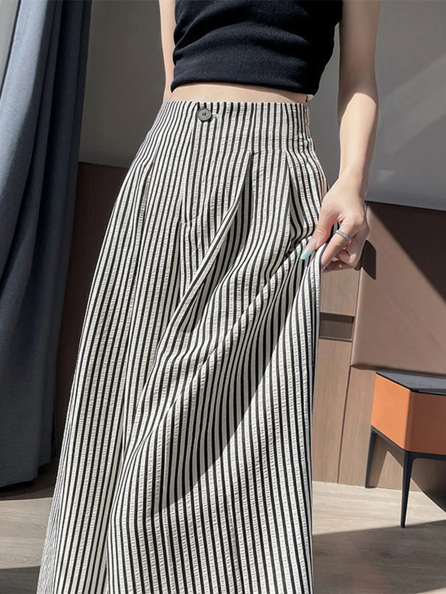 スリムハイウエストストライプワイドレッグパンツ レディース 夏 薄手 コットンリネン スーツ ストレートレッグパンツ ドレープカジュアルパンツ