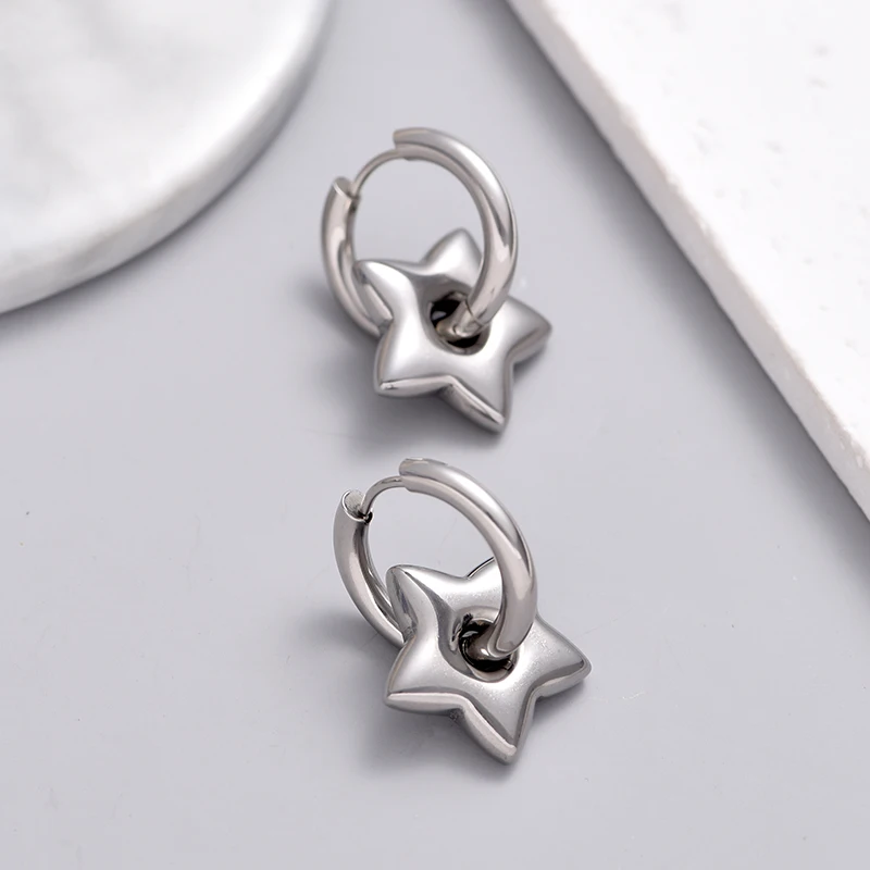 Klassische Edelstahl-Herz-Stern-Creolen für Frauen, Punk Hip Hop Gold Silber Farbe Y2K Schmuck Damen Ohrringe Oorbellen – Detail 12