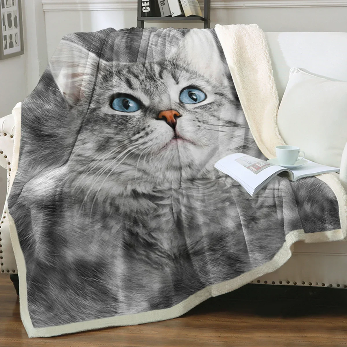 Grey Cat Throw Blanket  Printed Blanket Super Soft Sherpa Blanket for Couch Sofa Bed