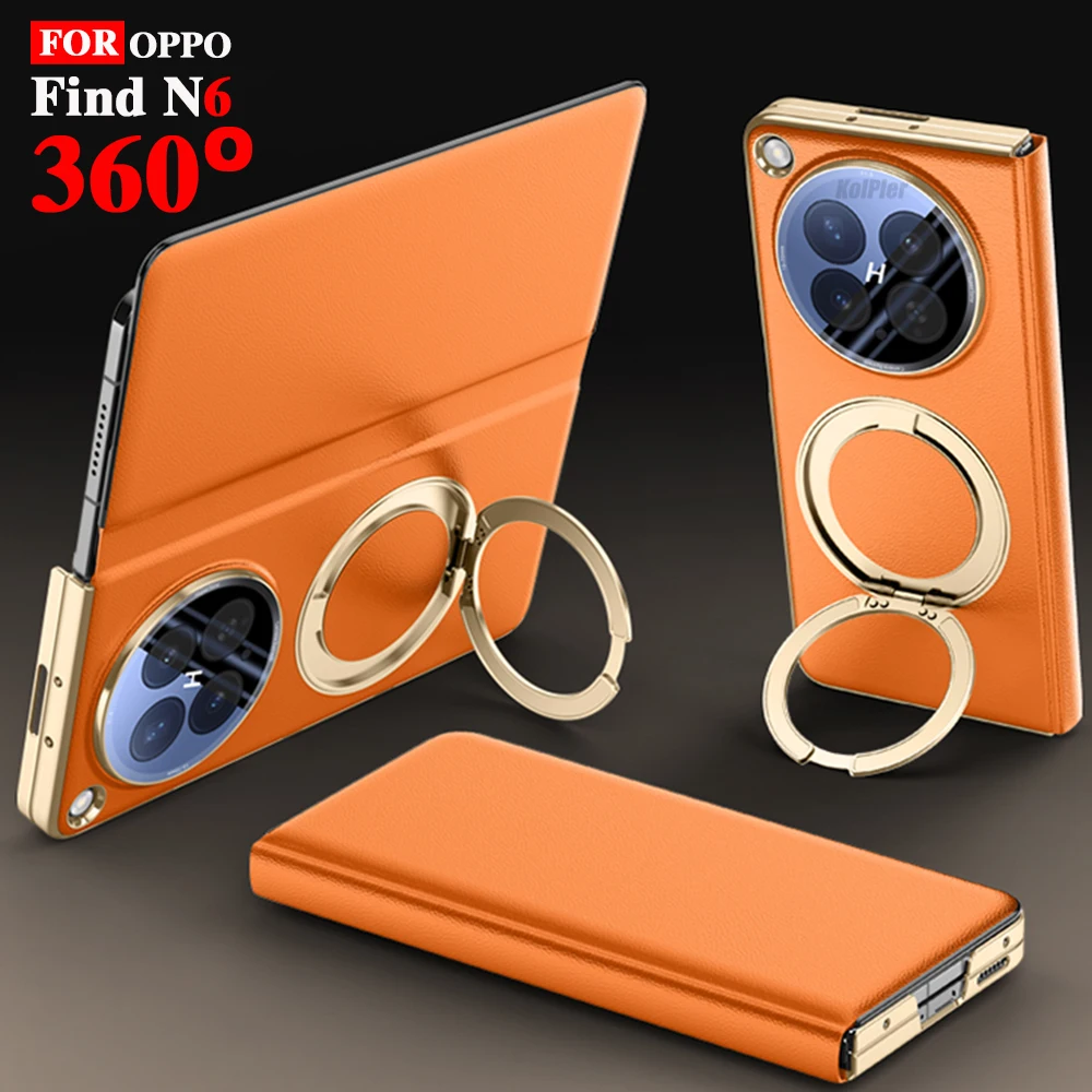 

PU Leather Phone Case for OPPO Find N6 360° Rotatable Magnetic Ring Holder Camera Protection Screen Protector Flip Stand Cover