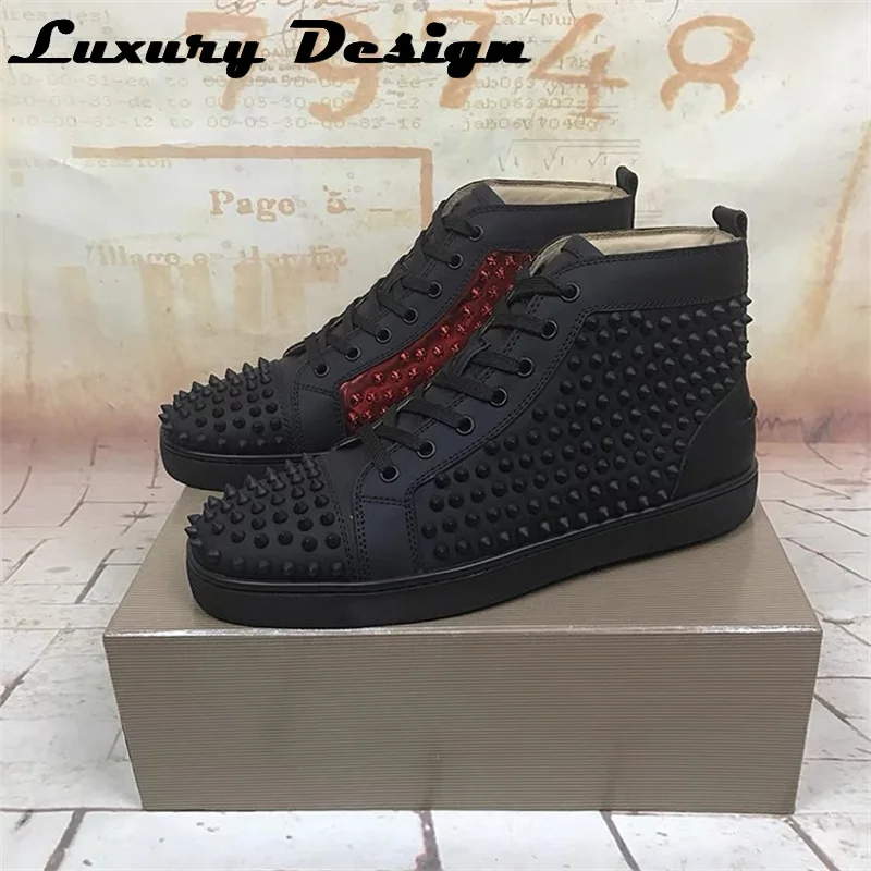 Luxury Brand Spikes Casual Shoes Rivets Men Sneakers Real Leather High Quality Red Bottom Shoes for Women High Top Flat Sneakers