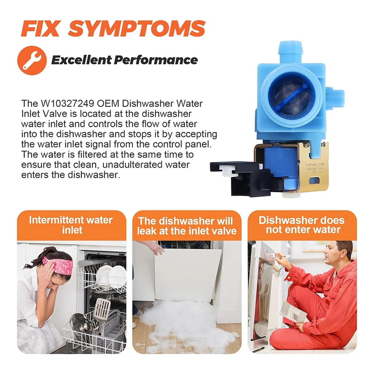 ว 10327249   ว 10327250   เครื่องล้างจานวาล์วน้ําเข้าสําหรับ Whirlpool,Kenmore 665 662 Series,สําหรับ Kitchenaid,แทนที่ W 11130743