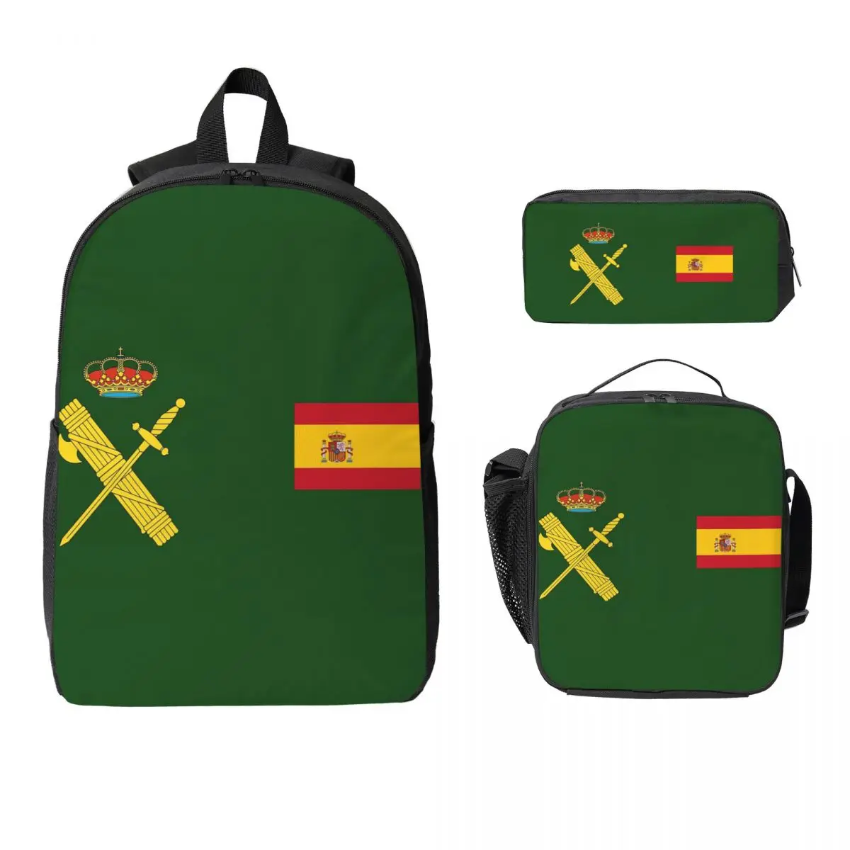 

Spain Flag Plus Emblem Civil Guard Backpack Boys Girls BookBag School Bag Shoulder Bags 3ps Insulated Lunch Bag Pencil Case
