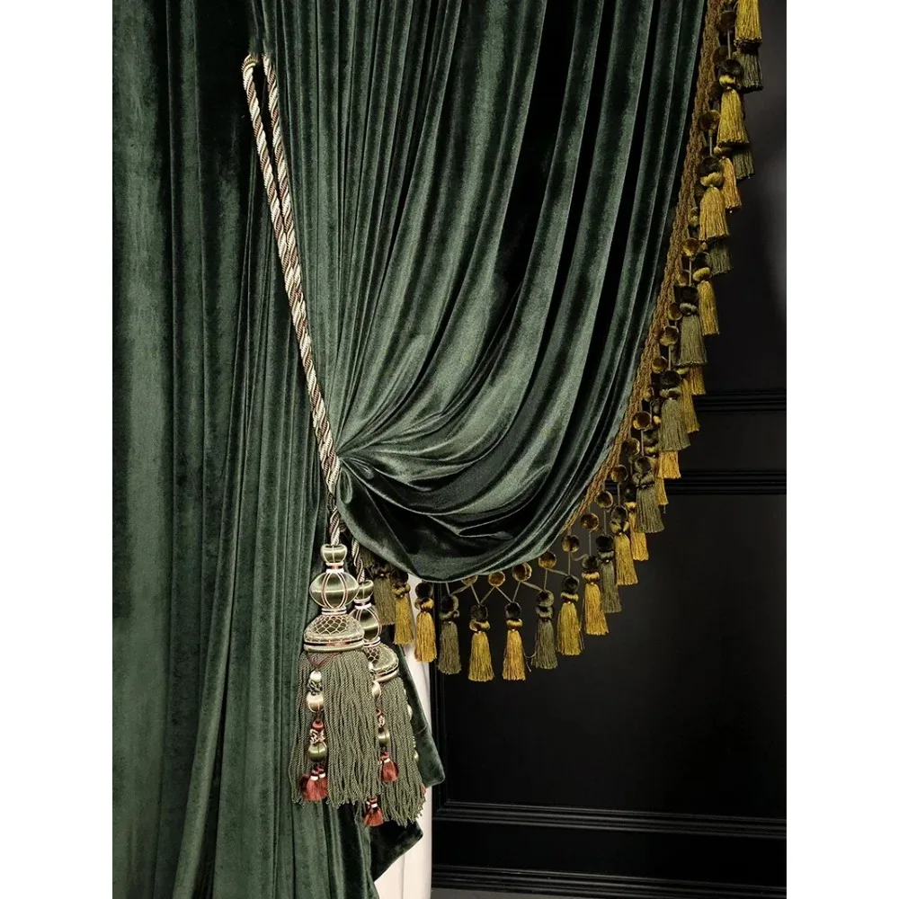 Luxury Retro Dark Green Velvet Tassels Thickened Blackout Curtains for Living Room Bedroom French Window Villa Customization