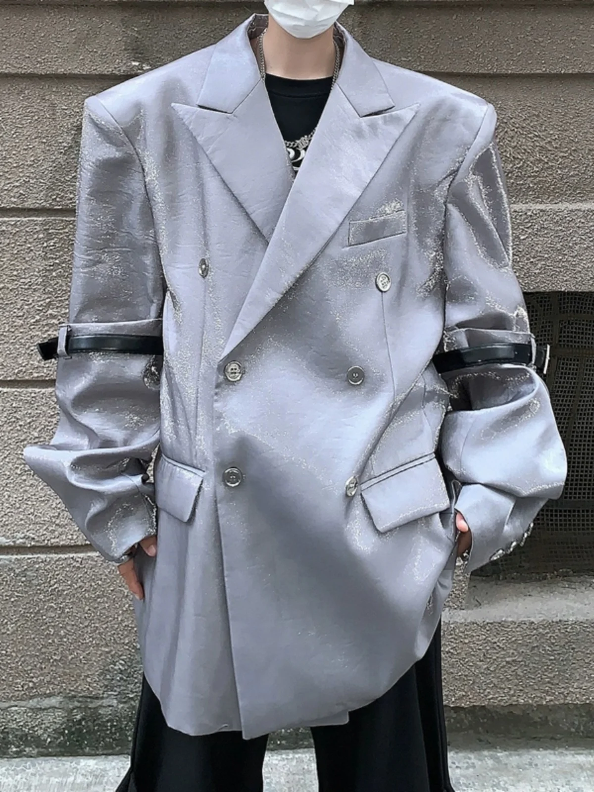 

Silver Liquid iny Surface Men's Suit Belt Bule Patchwork Street Sle Outerwear Casual Loose Fit Autumn Season Polyester ...