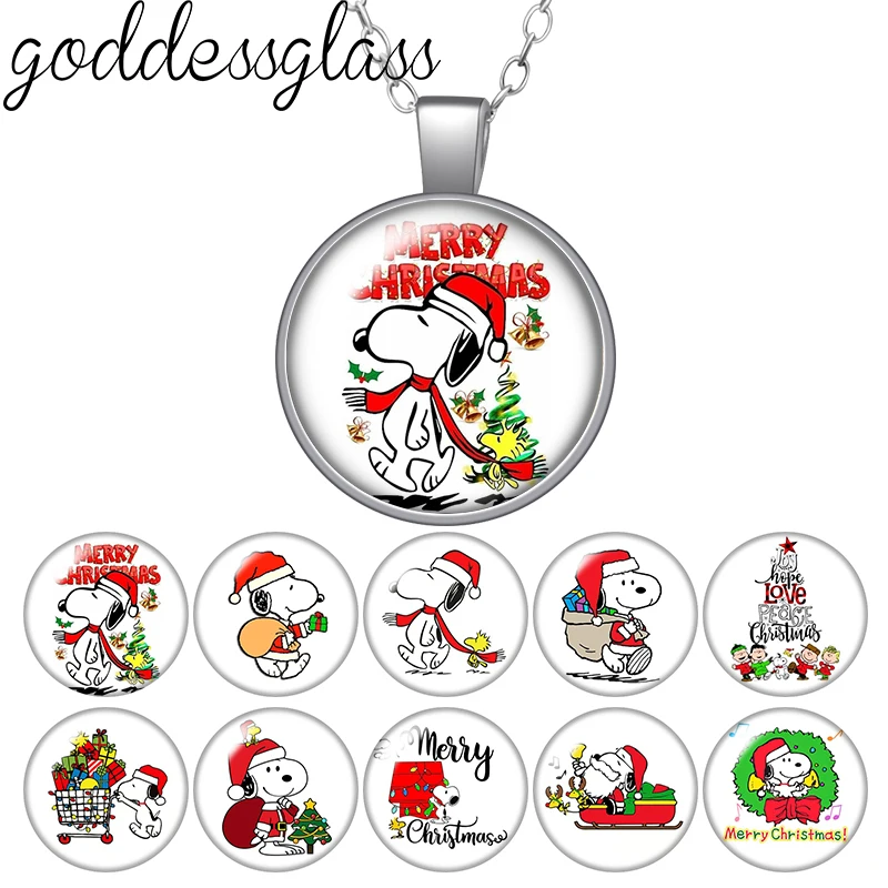 Cacahuetes Navidad Snoopy Santa Claus árbol regalo foto redonda cabujón de cristal plateado colgante collar joyería regalo