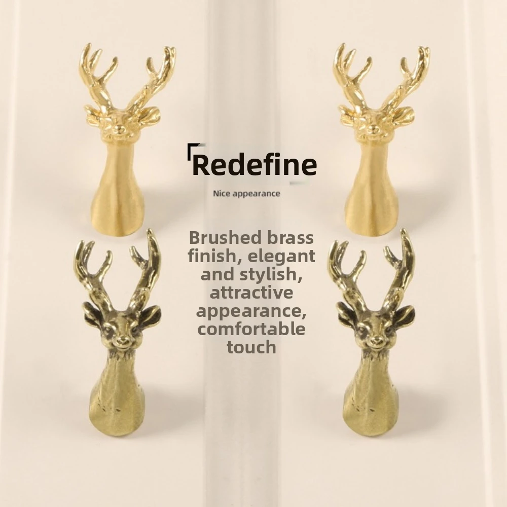 Retro Brass Cabinet Pull Vintage Furniture Hardware Solid Deer Head Drawer Handle Gold Animal Series