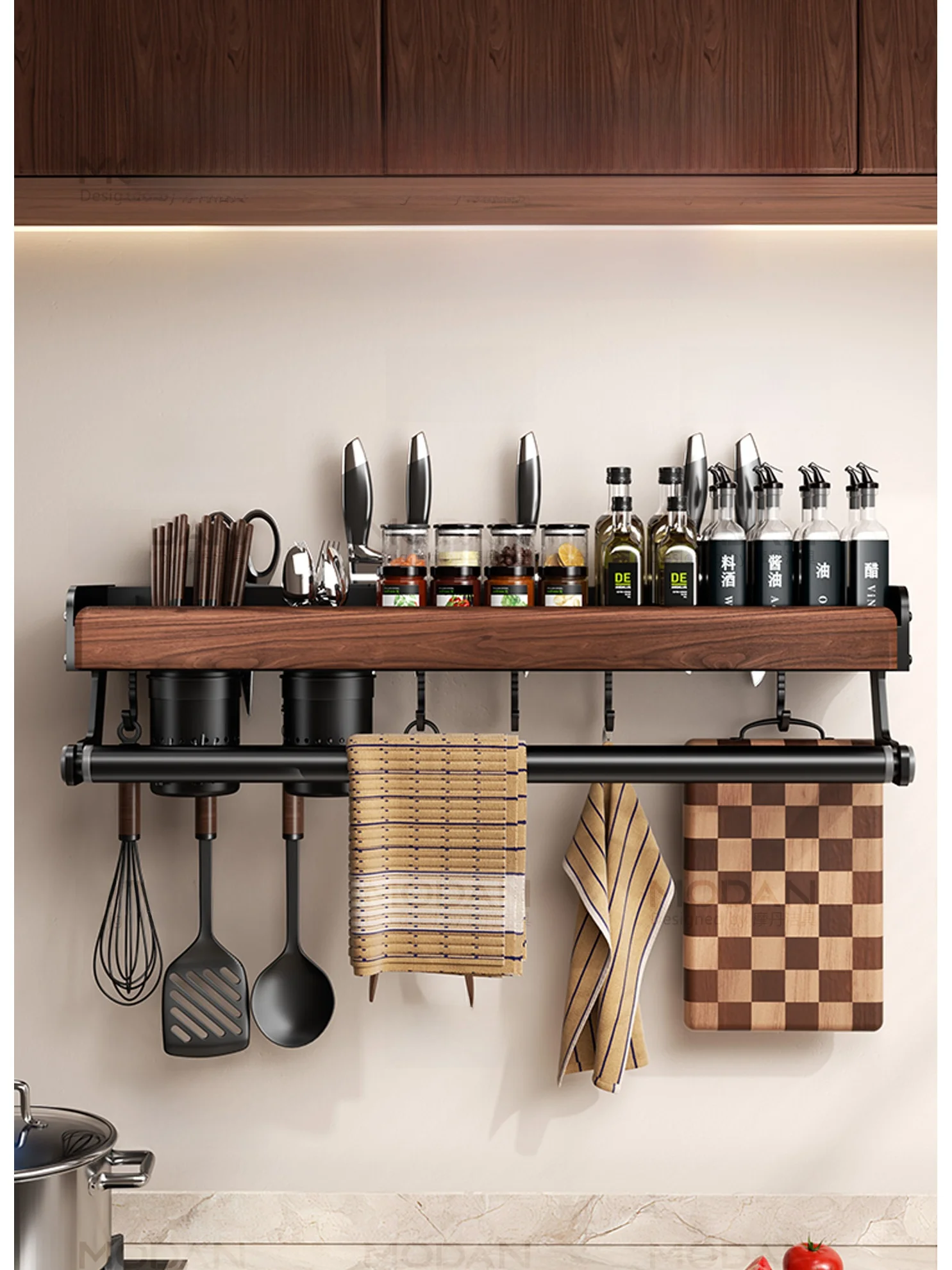 

Multifunctional Walnut Kitchen Spice Rack Wall Mounted Oil Salt Sauce Storage Shelf No Drilling Required Organizer Holder