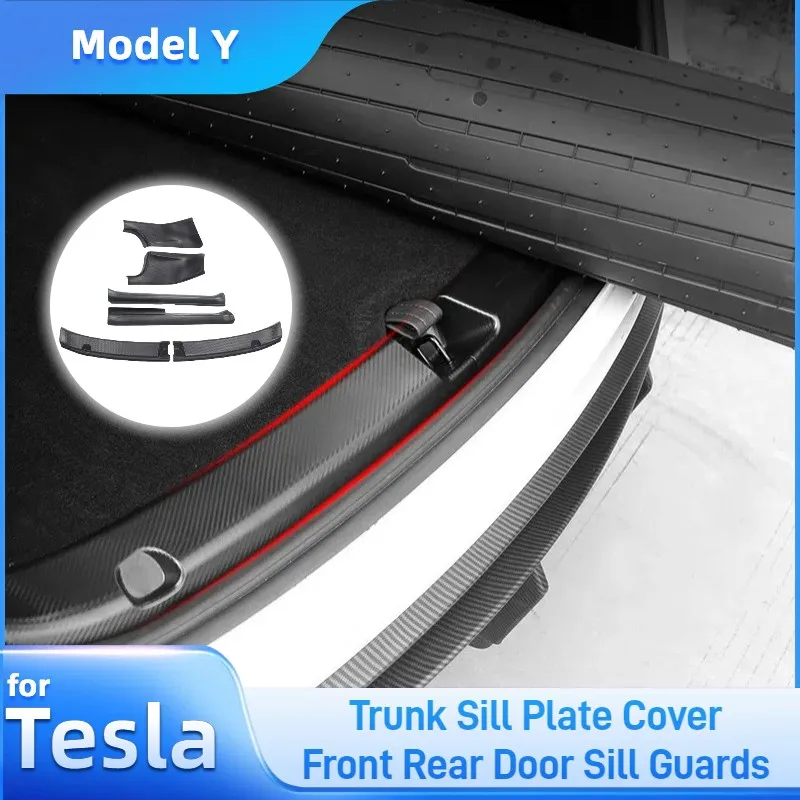 For Tesla Model Y Trunk Sill Plate Cover Front Rear Door Sill Guards ABS Carbon Fiber Insert Guard Trunk Built-in Guard Panel