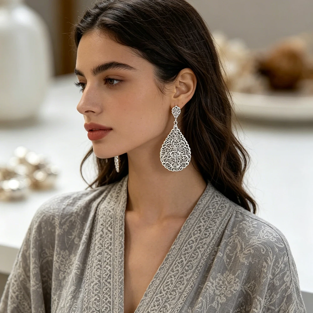 Sunspicems Elegant Bohemia Earrings For Women Hollow Filigree Drop Earring Festival Jewelry