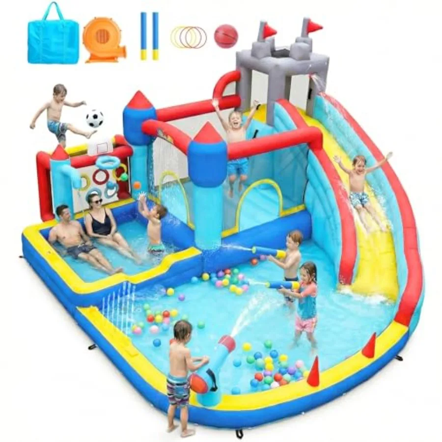 

Inflatable Water Slide for Big 8-12 Years 15 × 14.3FT Bounce Castle with 750W Blower Blue Water Park with Large Splash Pool for