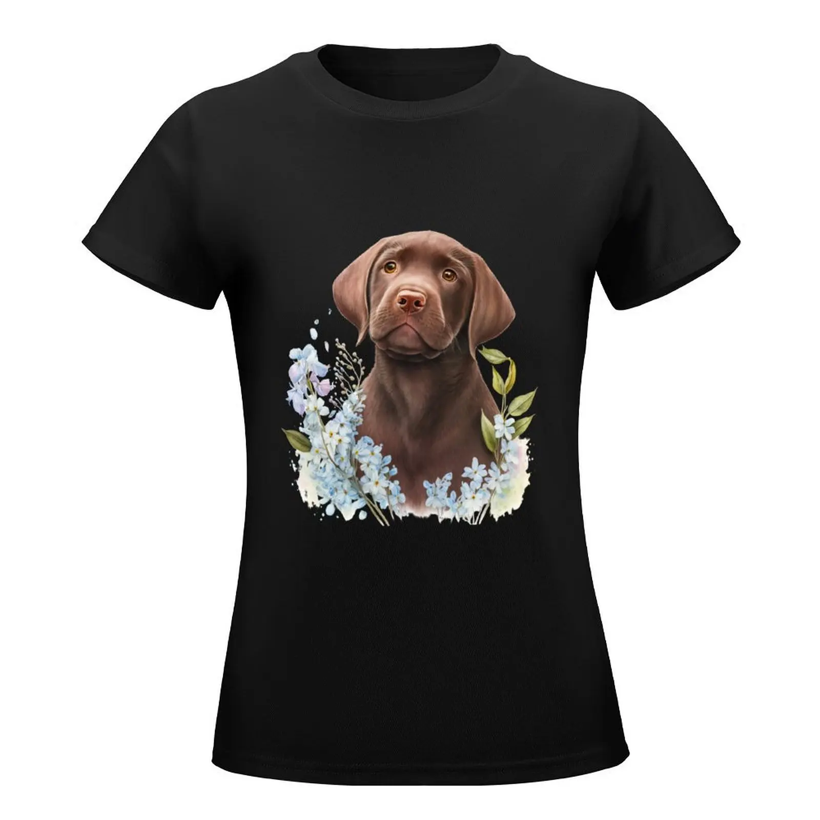 Chocolate Labrador Puppy with Blue Flowers Cute Chocolate Lab Puppy T-Shirt blanks female animal prinfor t shirt dress Women