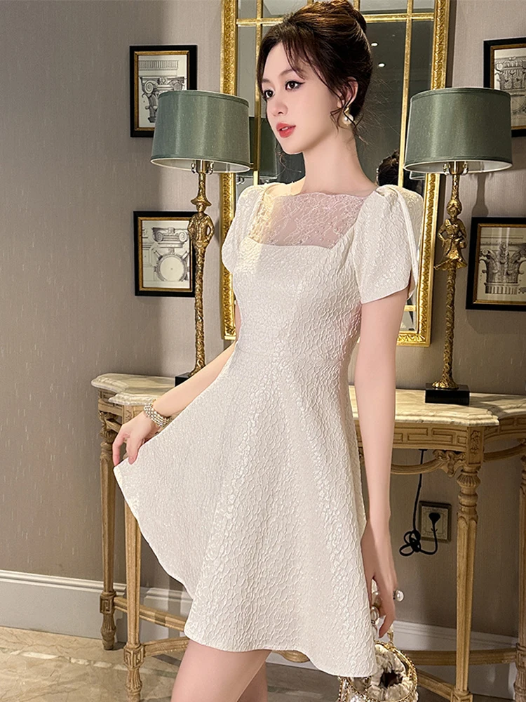 Elegante abito da festa di compleanno Kawaii Prospettiva carina da donna Maglia trasparente Splice Altalena Abito corto Donna Prom Data Abiti da strada