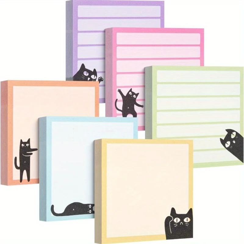 50/300 Stück süße Haftnotizen – selbstklebend, rosa, hellviolett, gelb, blau, mintgrün, schwarzes Katzendesign – quadratische Notizen