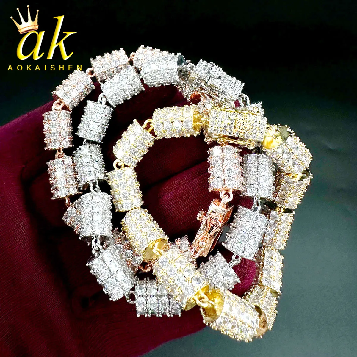 Prong Bracelet for Women Iced Out Cylinder Link Real Gold Plated Cubic Zirconia Hip Hop Fashion Jewelry