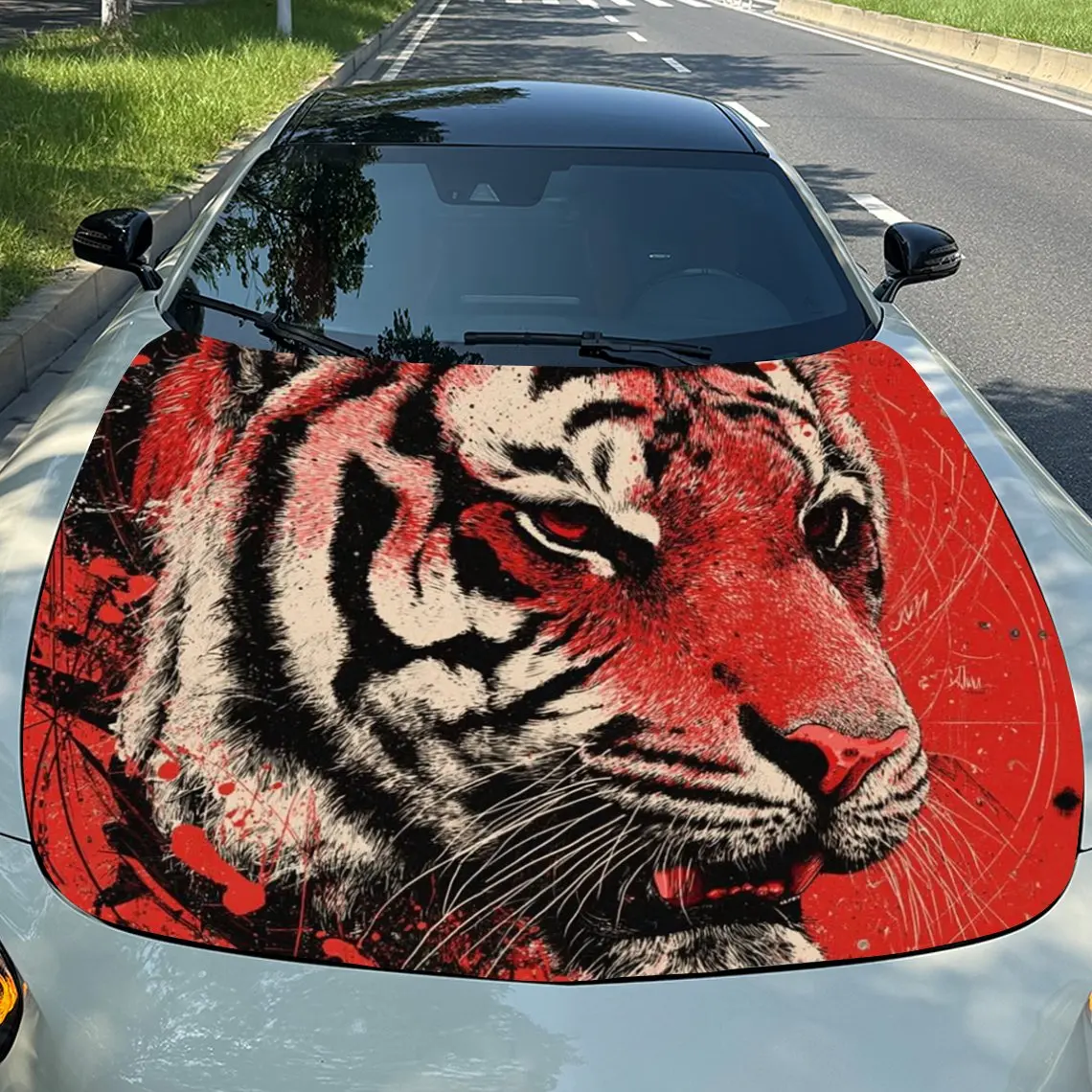 Red Splashed Ink Tiger Car Hood Stickers-Long Lasting PVC Vinyl Coating Suitable For Various Vehicles, Outdoor Car Accessories,