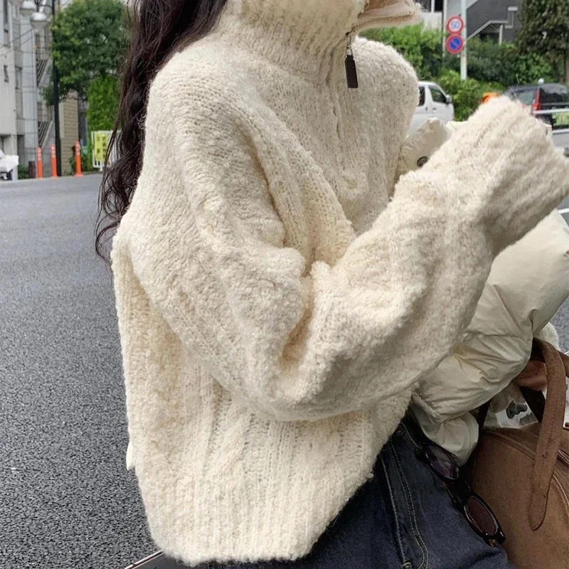 Neploe 2024 Autumn Winter Chic SimpleTemperament Pullovers High Neck Half Zipper Plush Feel Loose Long Sleeve Knitted Sweater