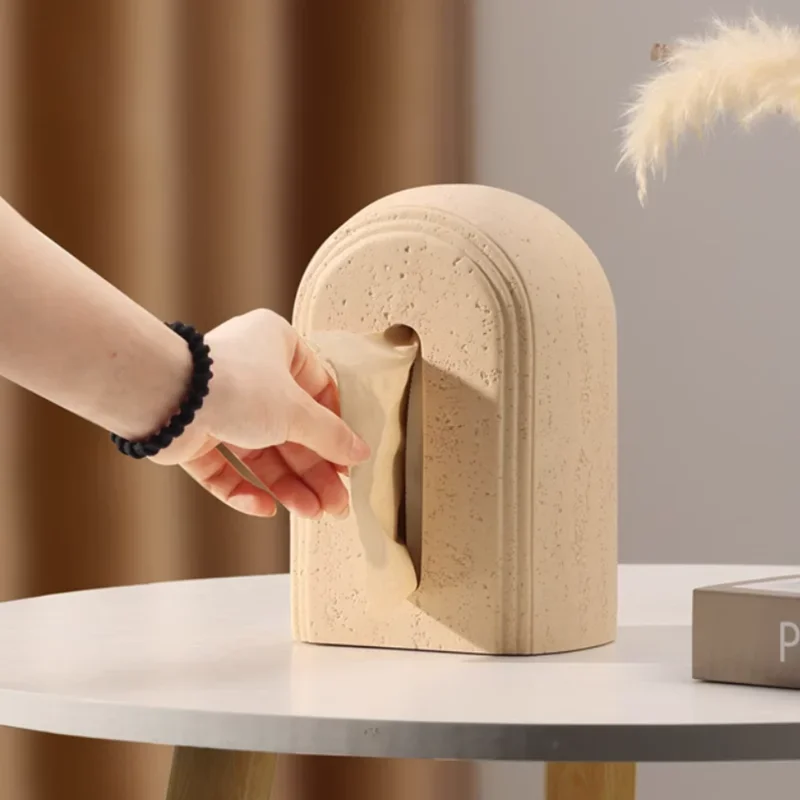 Beige Color Cave Stone Art Handkerchief Box, Living Room, Napkin Organizer, High-end, Limestone Tissue Box, Home Decoration