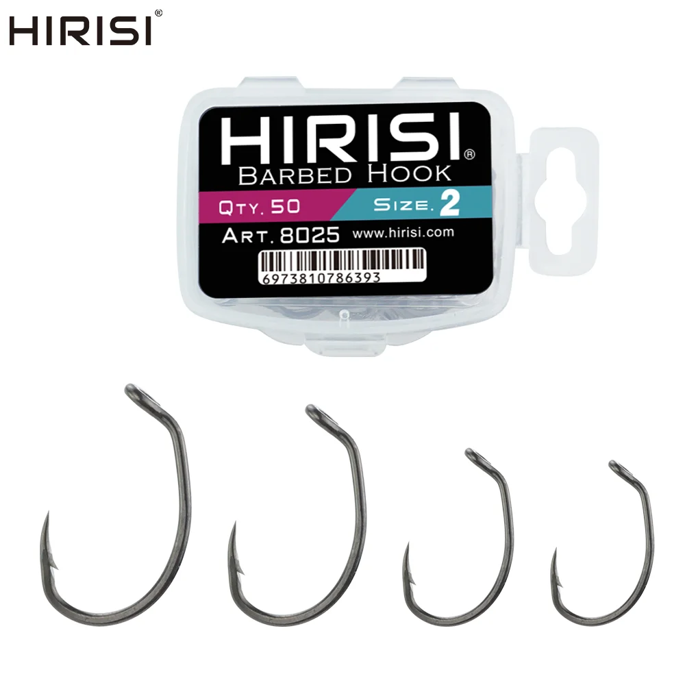 Hirisi 8025 50Pcs Barbed Carp Fishing Hooks Eyed PTFE Coated High Carbon Steel Rustproof Sharp Fish Hook Tackle Accessories