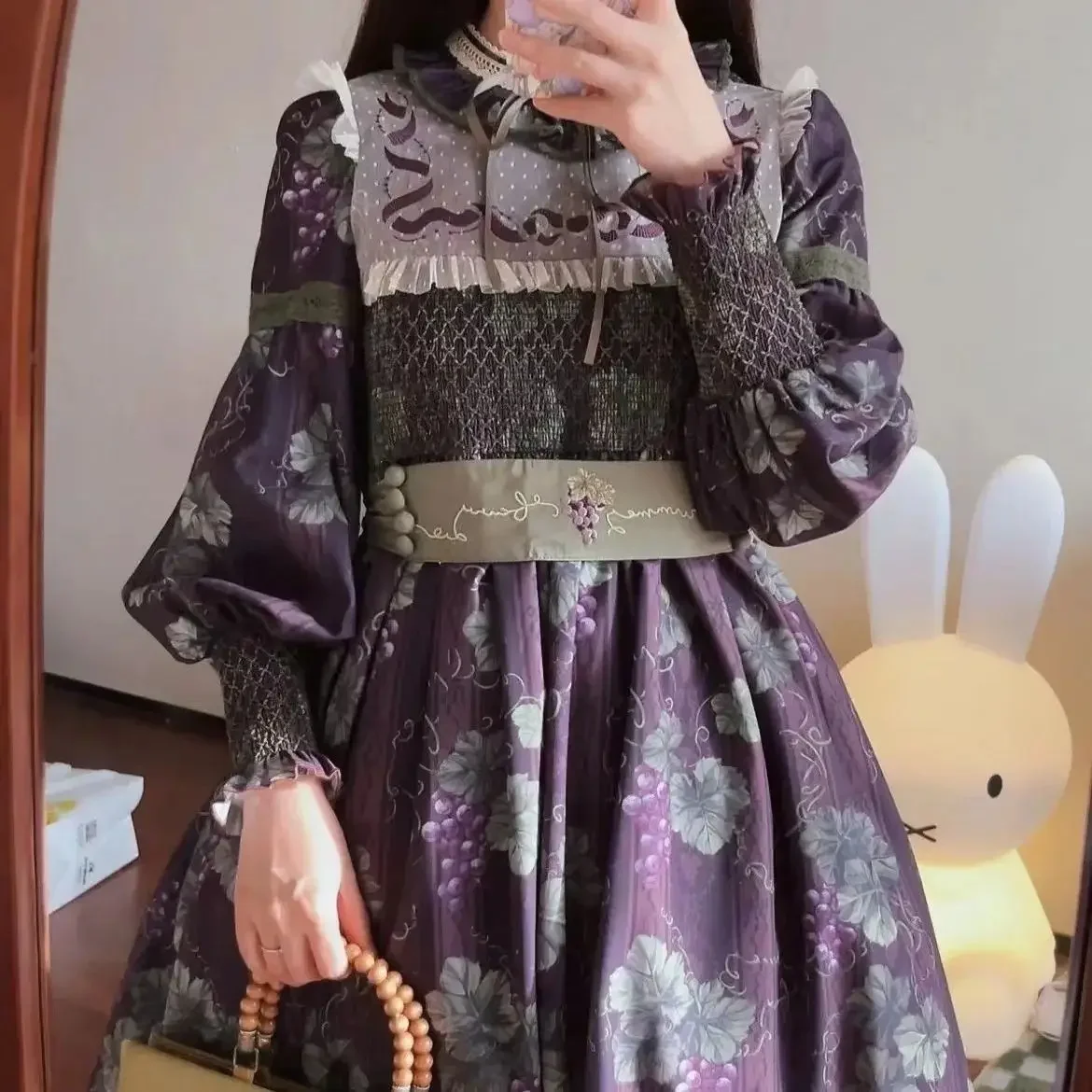 MAGOGO Victorian Gothic Lolita OP Dress Women Retro Elegant Grape Print Stand Collar Long Sleeve Princess Dresses Kawaii Vestido