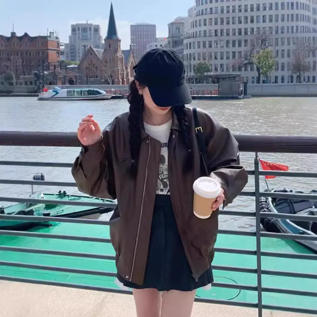 여성용 갈색 가죽 재킷 레트로 홍콩 스타일 가을 겨울 신상 플러스 벨벳 마이야르 모터사이클