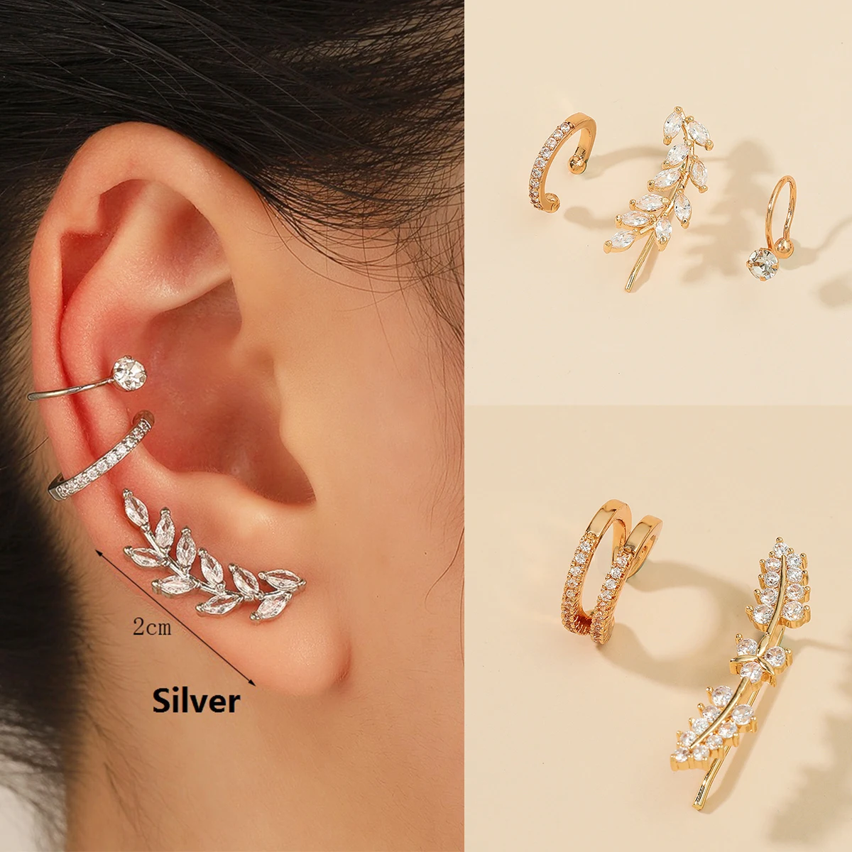 Kpop Leaf Crystal Fake Cartilage Earring For Women Ear Clips Earings No Helix Piercing Earcuff Tragus Jewelry Aretes De Mujer