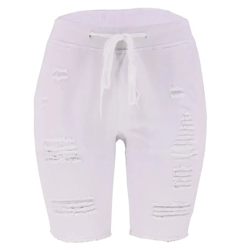 Shorts.Washed Ripped 중간 길이 워시 청바지, 봄과 여름 여성용 새로운 패셔너블한 신축성 있는 허리 드로스트링 짧은 청바지