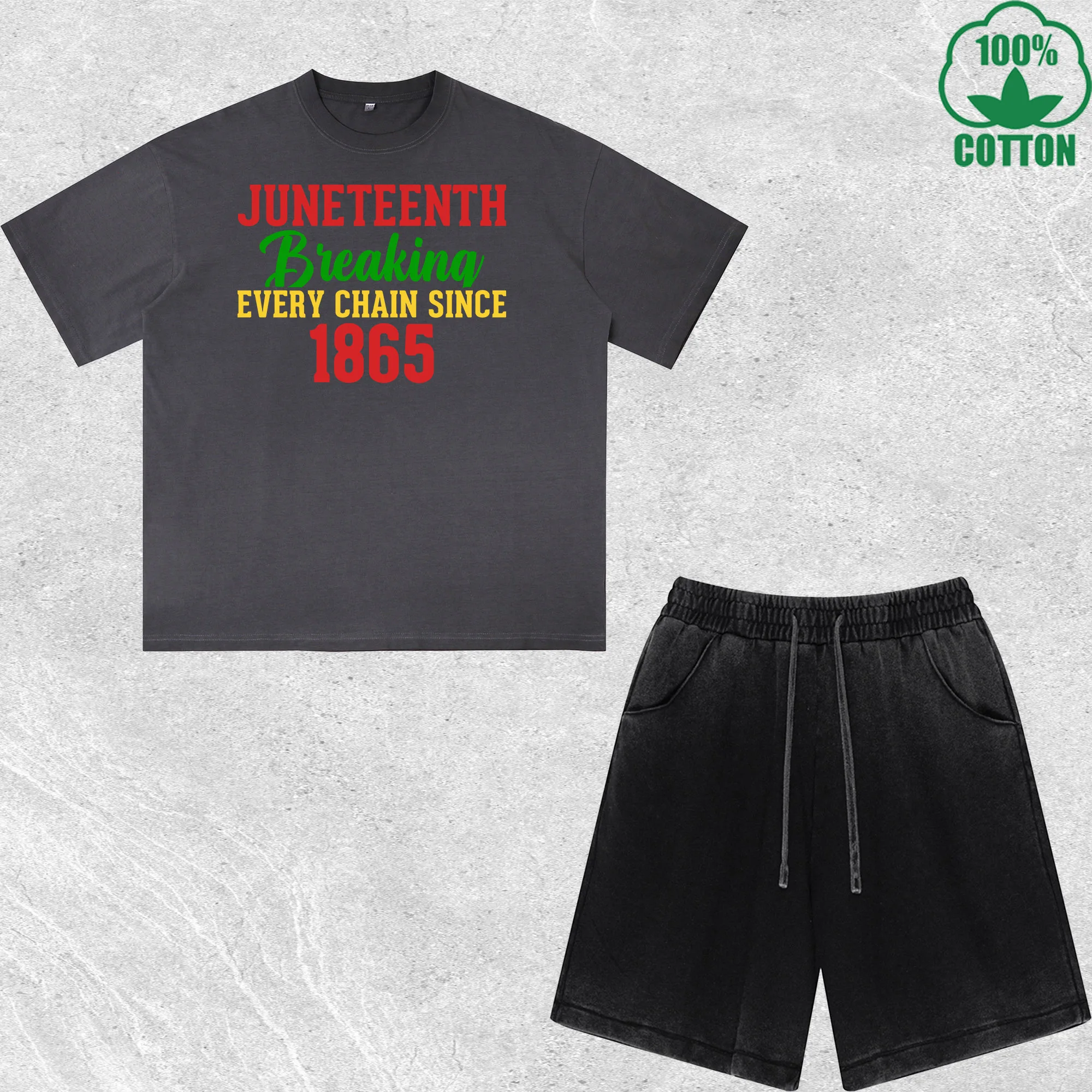 

Juneteenth 1865 Printed Dirty Wash T-Shirt Shorts Set Combo Loose Trendy Fashionable 100%Cotton Short Value Pack