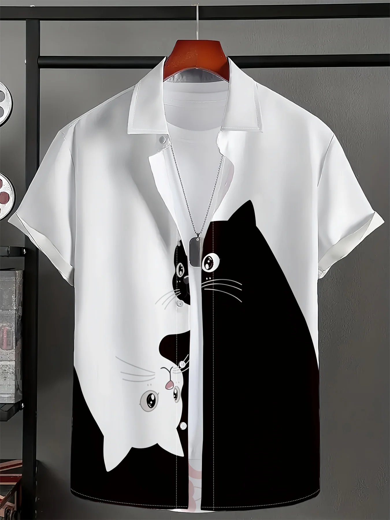 Summer Men's Short-Sleeved Shirt with Cartoon Black and White Kitten Print, Suitable for Daily Wear and Vacation