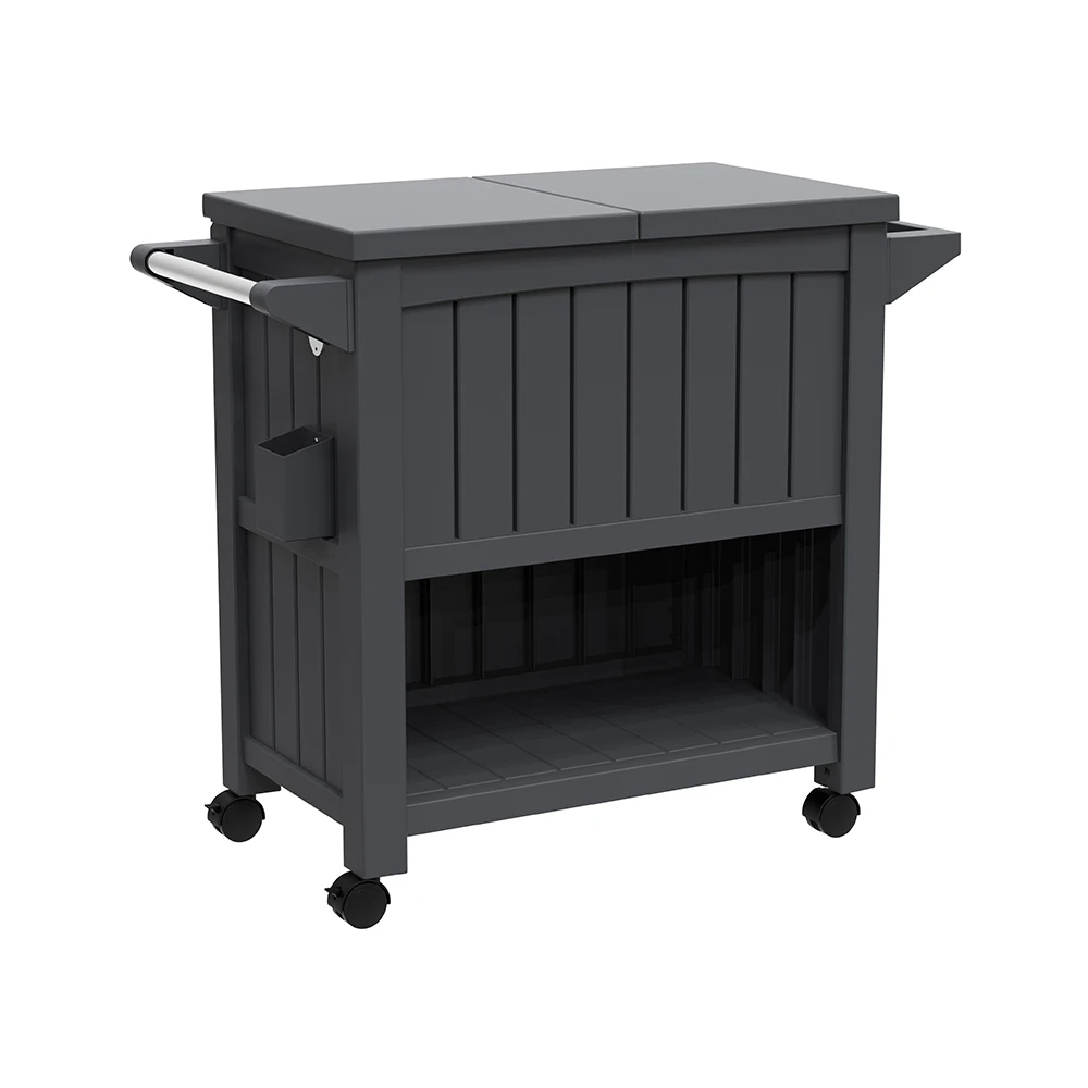 3-in-1 Service Cart Storage Table Prep Station Wood Texture 80L Ice Bucket Cooler Rolling Cabinet Trolley with Four Wheels