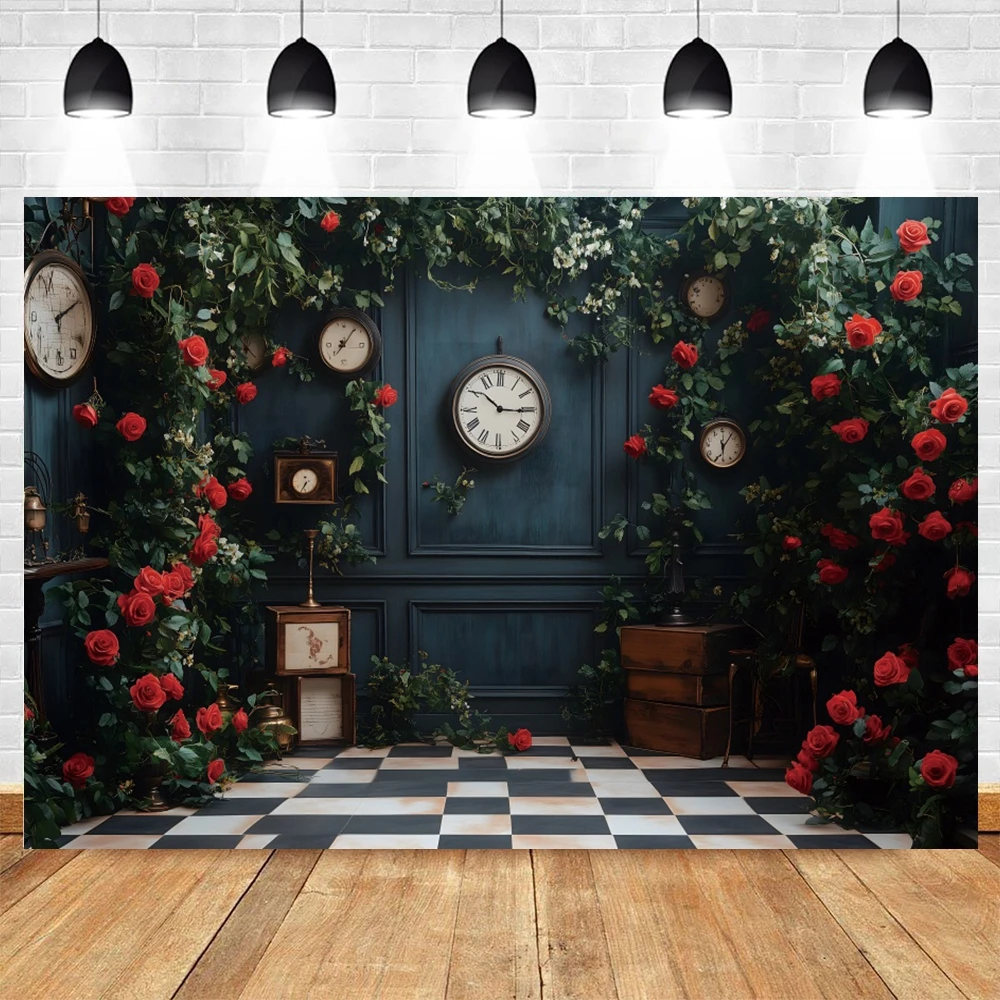 Fondo fotográfico de hojas verdes y rosas rojas del país de las Maravillas, telón de fantasía, cuento de hadas, decoración para fiesta de cumpleaños de niñas, estudio fotográfico