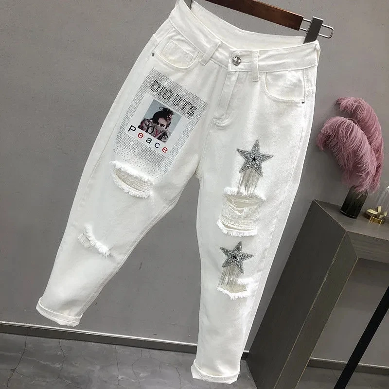 

2024 Summer New Korean Fashion Hole Harlan Female Jeans Heavy Lndustry High Waist Nine Points Leisure White Women Cowboy Pants