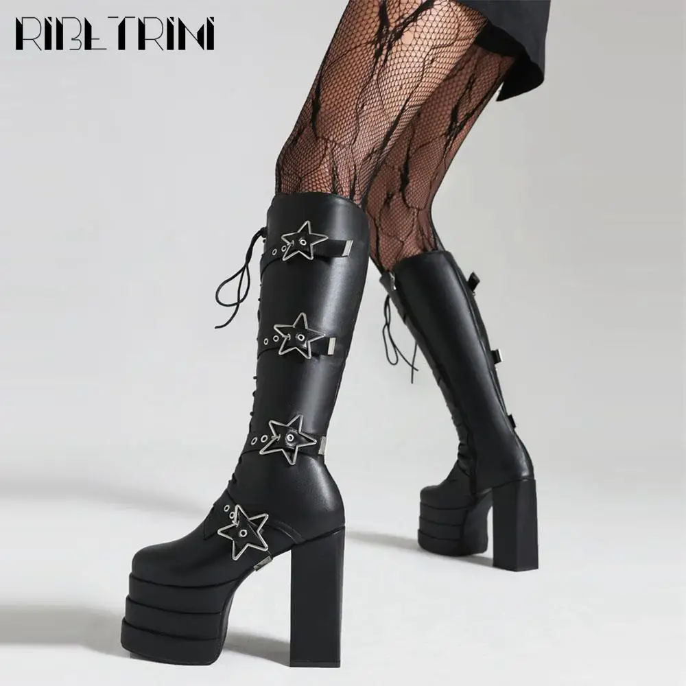 High Heeled Women Motorcycle Boots Knee High Lace Up Star Buckle Sassy Platform Shoes Punk Gothic Cool Fashion Y2K Cosplay Boots