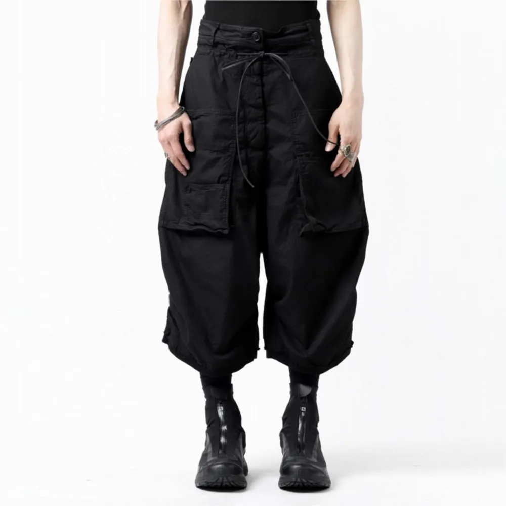 Designer Dark Avant-Garde Style Wax Coated Asymmetric Multi-Pocket Cropped Pants Black Overalls Men's Fashion