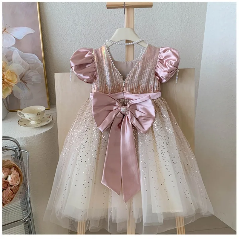 Baby Girl Princess Sequins Tutu Dress Puff Sleeve Infant Toddler Child Pearl Bow Tulle Vestido Party Birthday Baby Clothes 1-7Y