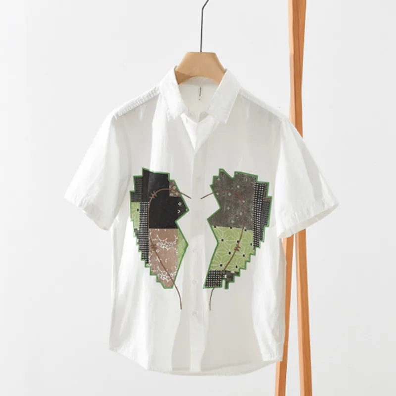 

Модная и персонализированная мужская рубашка с короткими рукавами, модные универсальные художественные рабочие рубашки на пуговицах с вышивкой в стиле ретро