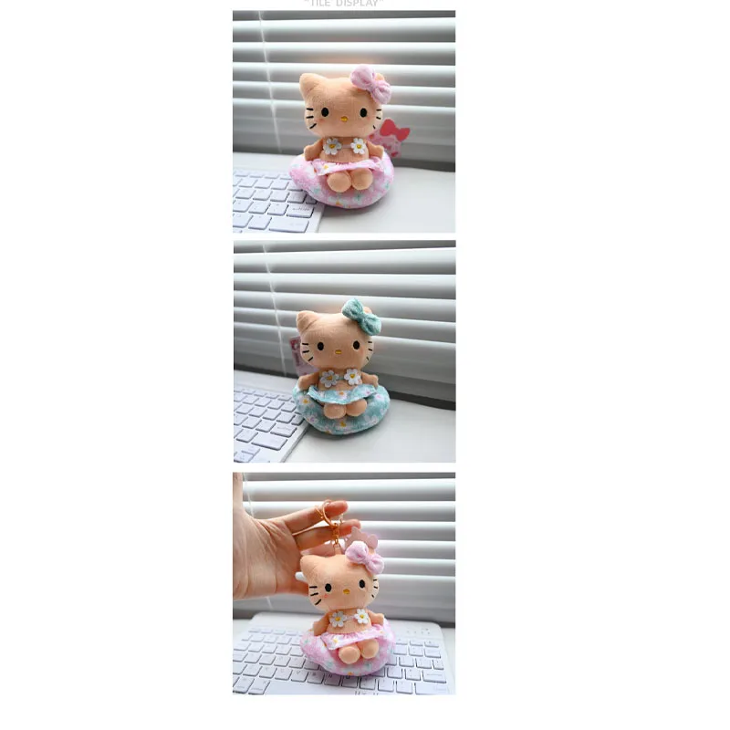 ハローキティぬいぐるみキーホルダー、ハワイアンブラックスキンフローラルスイミングリング、ハローキティ漫画人形、かわいいキティ猫バッグ用1個