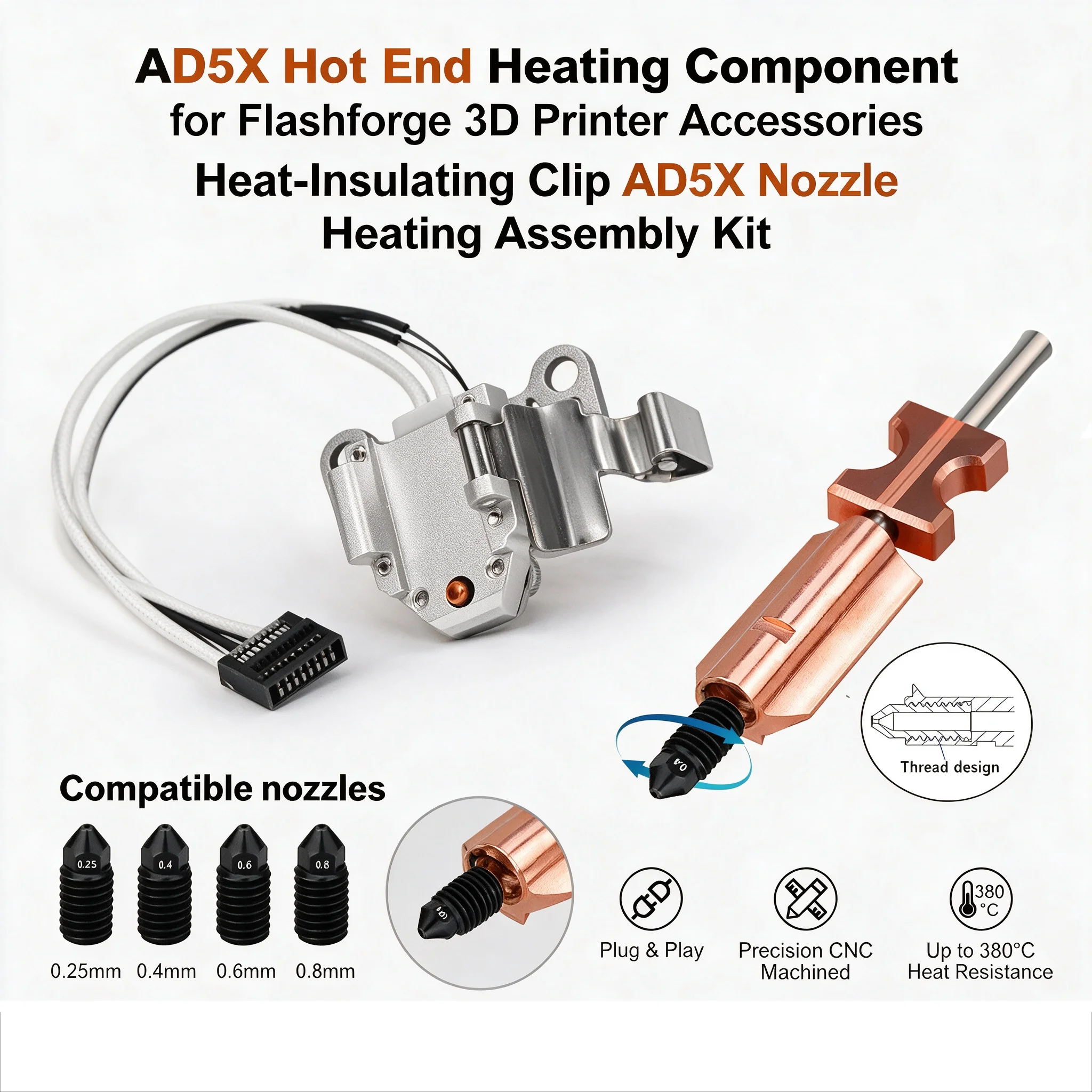 3D Printer Replacement Nozzle New Version Bimetallic Hardened Steel SIZE: 0.2/0.4/0.6/0.8mm Upgrade Parts Fit Flashforge AD5X 3D