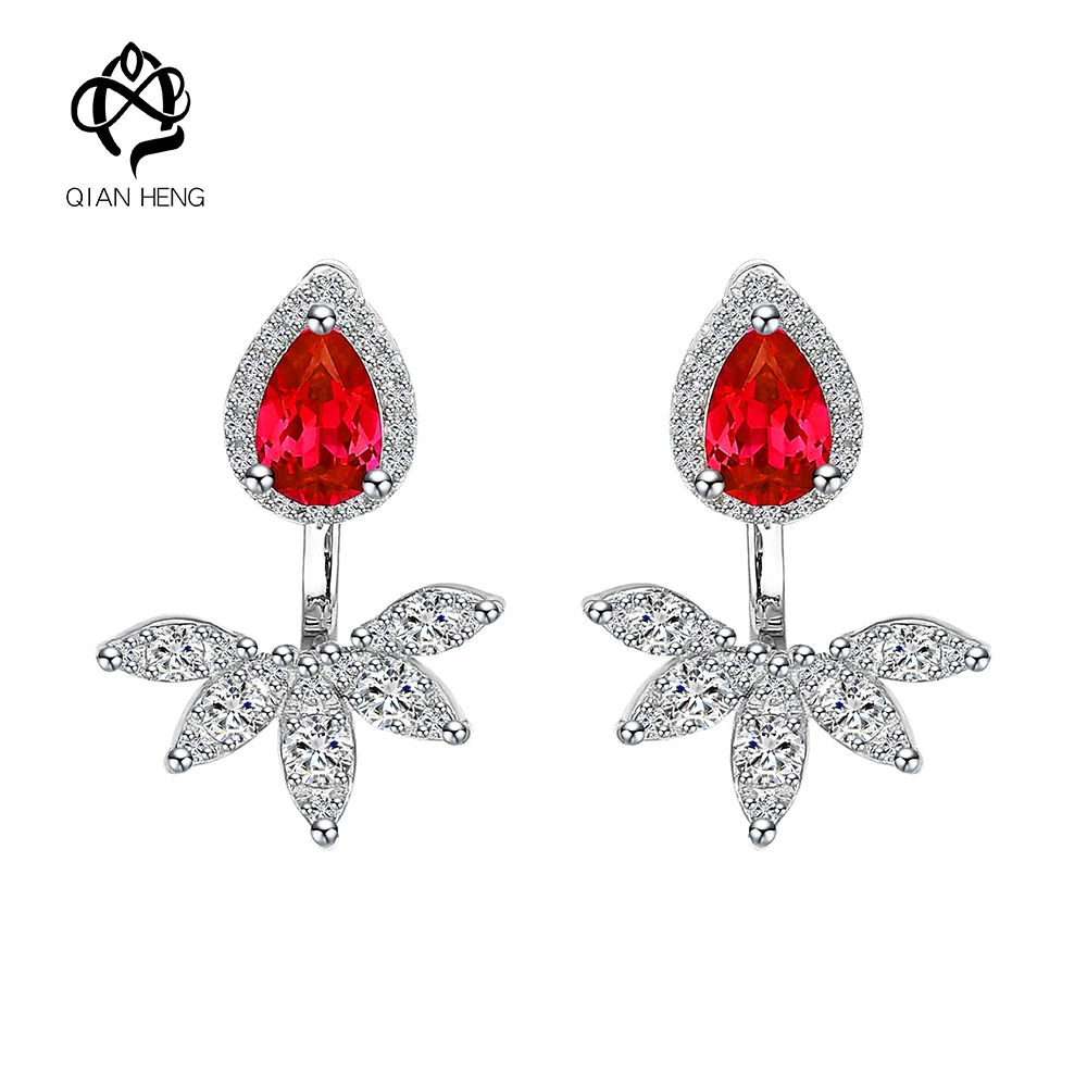 

Qian Heng S925 Silver Synthetic Ruby Earring Vintage Flower Gems Stone Earrings Classic Design Engagement For Women Gift