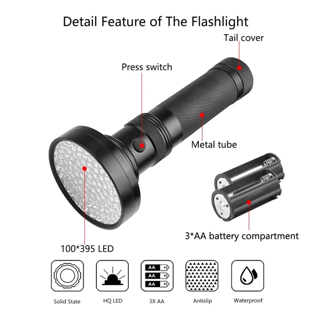 Black Light UV Flashlight 395nm UV Blacklight Dogs Urine Detector Handheld UV Flashlight for Dry Stains and Scorpion Hunting