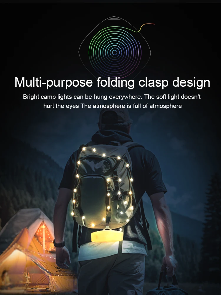 LED Night Light RGB Camping String Lights Outdoor Waterproof Smart APP Portable Stowable USB Charging Decorative Ambient Lights