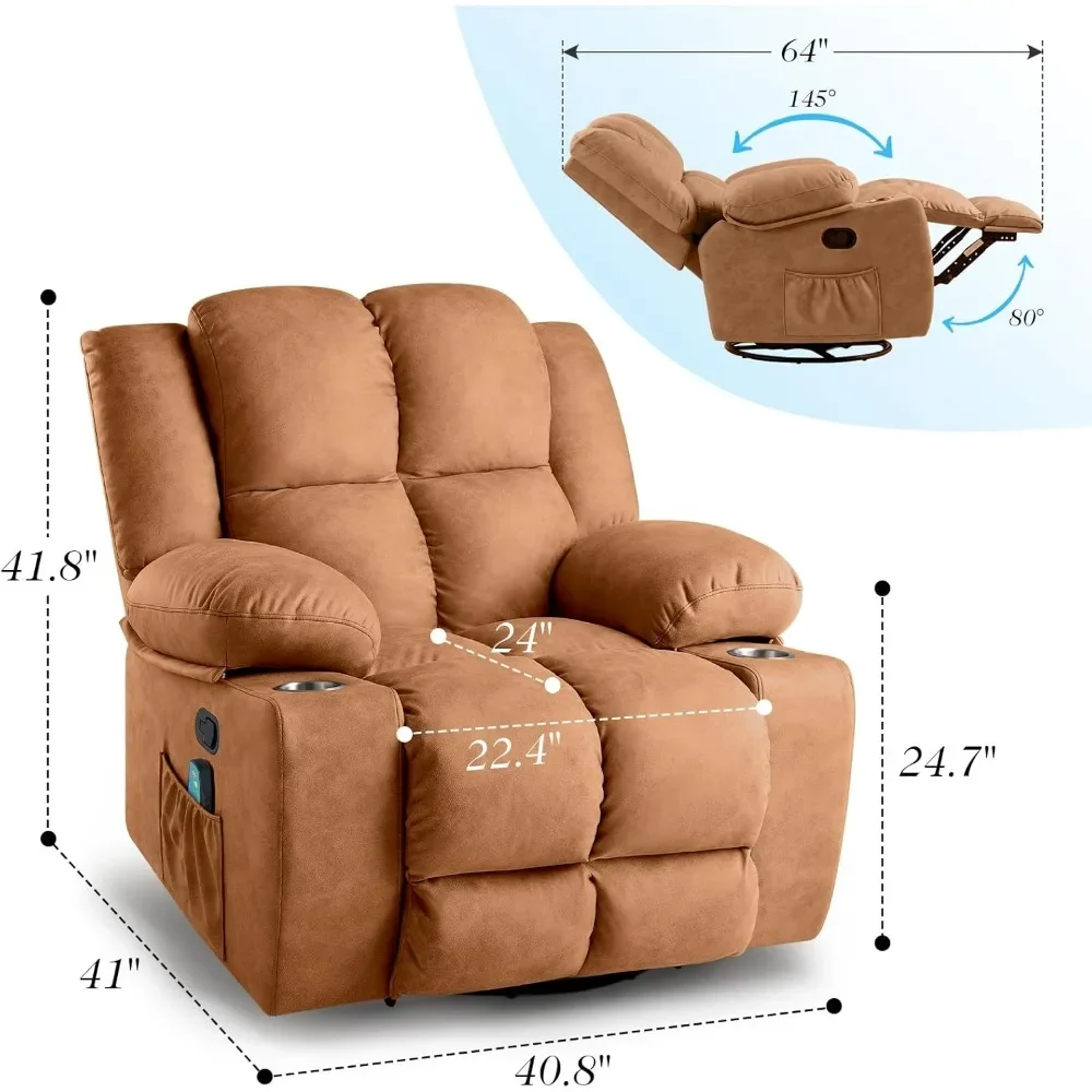 Large Rocker Recliner Chair Single Sofa with Massage, 360 Degree Swivel Overstuffed Sofa Chair with Cup Holders, Glider Chairs