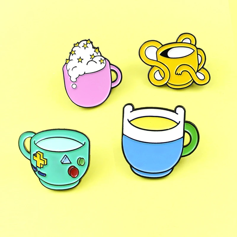 Cute Adventure Comics Cup Brooch Pin Finn Bmo Jake Dog Princess Bubblegum Funny Enamel Brooches badge Kids Gift jewelry Spille