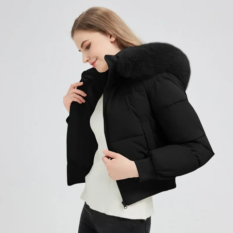2026 Thicken Short Women's Winter Jacketes Korean High-End Cotton Coats Casual Warm Fur Hooded Cropped Parkas Chic Streetwear