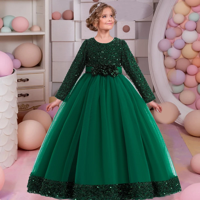 Teens Formal Evening Dresses For Girls Children Costume Long Sleeve Sequin Christmas Wedding Party Dress Kids Girl Princess Gown