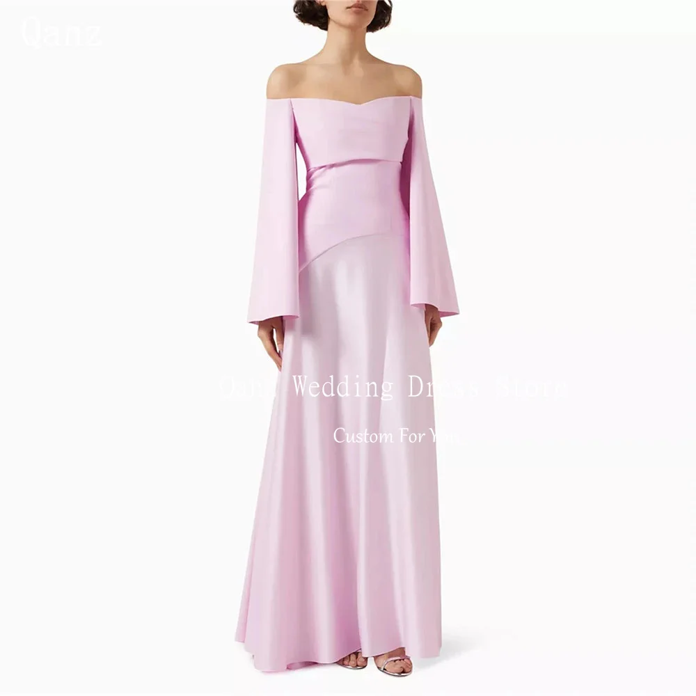 Qanz Pink Satin Evening Dresses Off Shoulder Long Sleeves Formal Occasion Wedding Party Dress Women Vestidos De Gala Customized