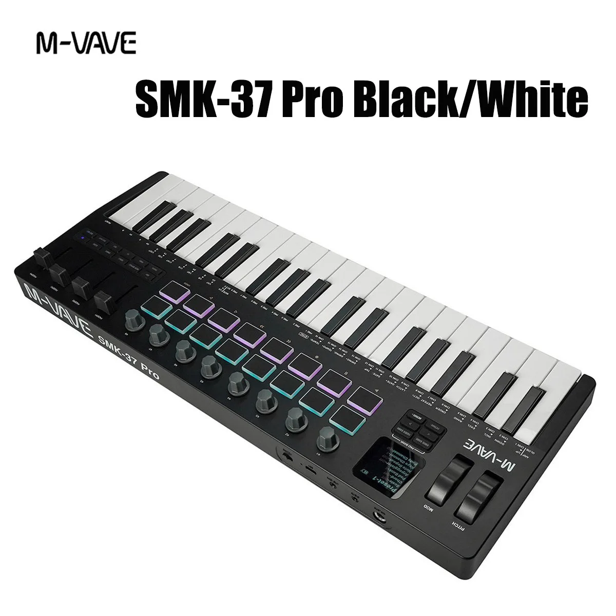 M-VAVE SMK-37 Pro Wireless MIDI Keyboard – 37 Keys, 16 RGB Pads, Built-in Synth, 10h Battery, Black/White, for Studio & Stage